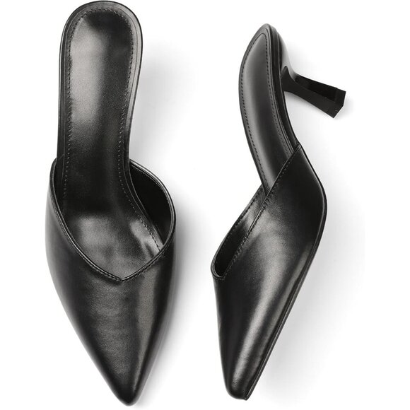 Black Closed Pointed Toe Stiletto Slingback Heels Black Mules for Women - Picture 2 of 7